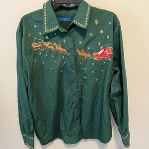 Karen Scott Women’s Christmas Embroidered Green Button Down Size XL‎